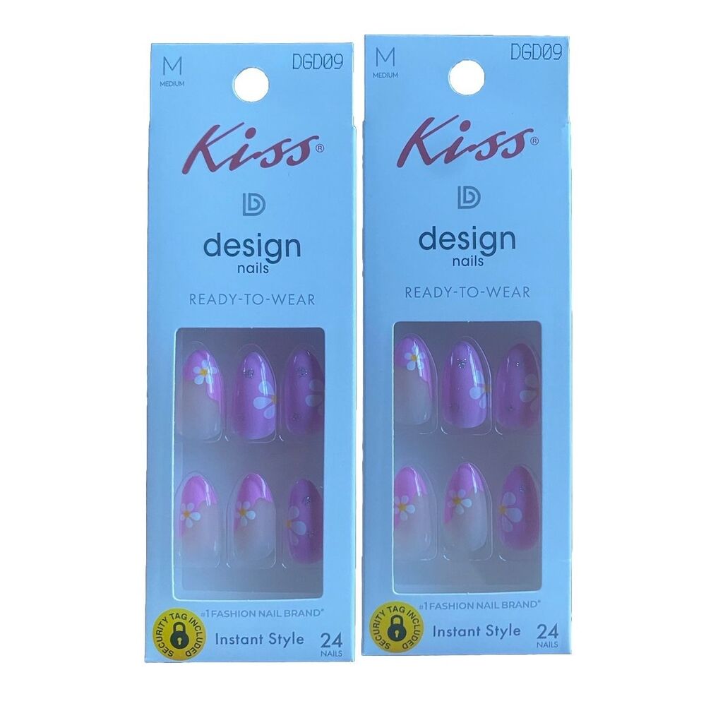Lot 2 KISS DGD09 Design Ready To Wear Nails Instant 24 Pink w White Daisy Medium